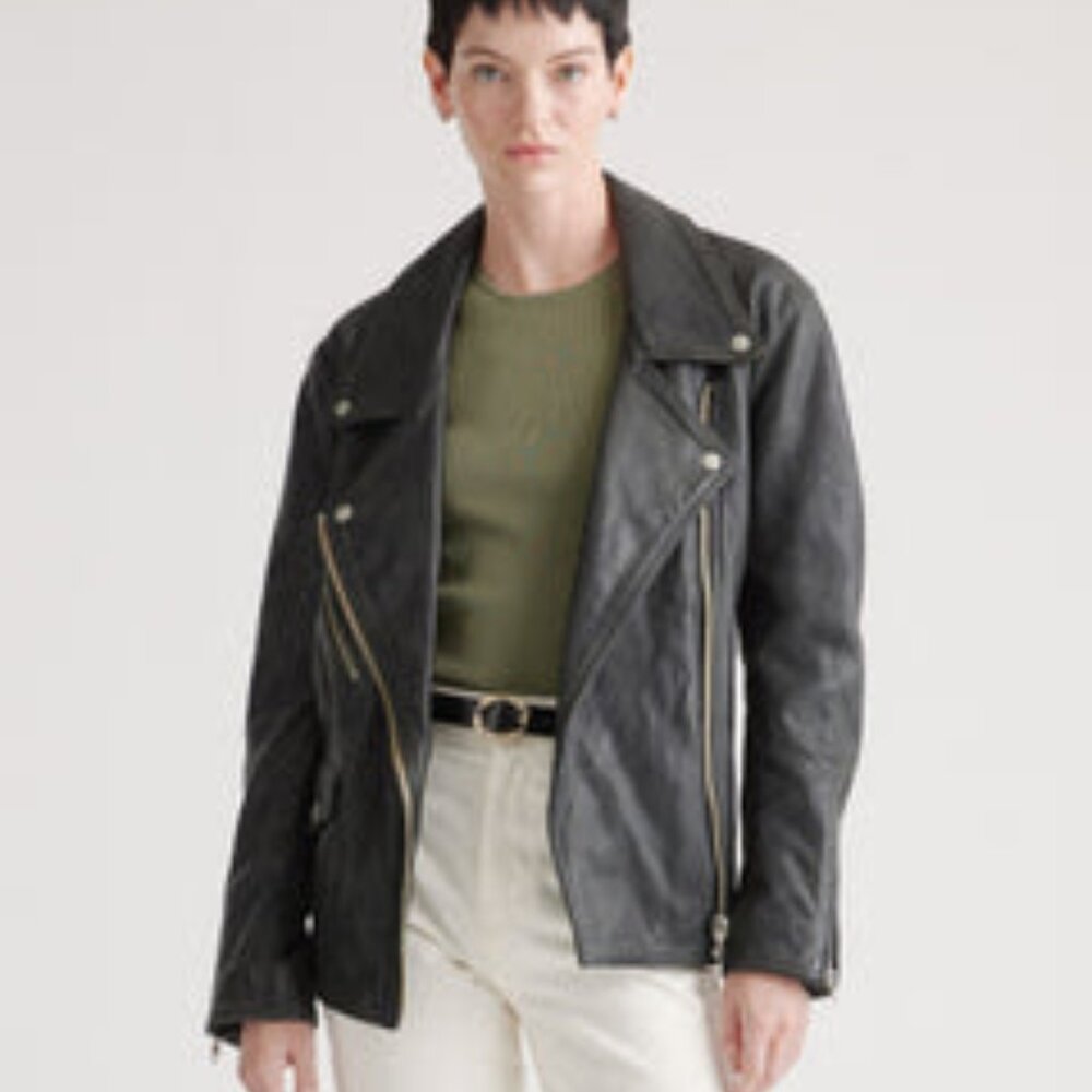 Quince Black Leather Biker Jacket with Gold Hardware
